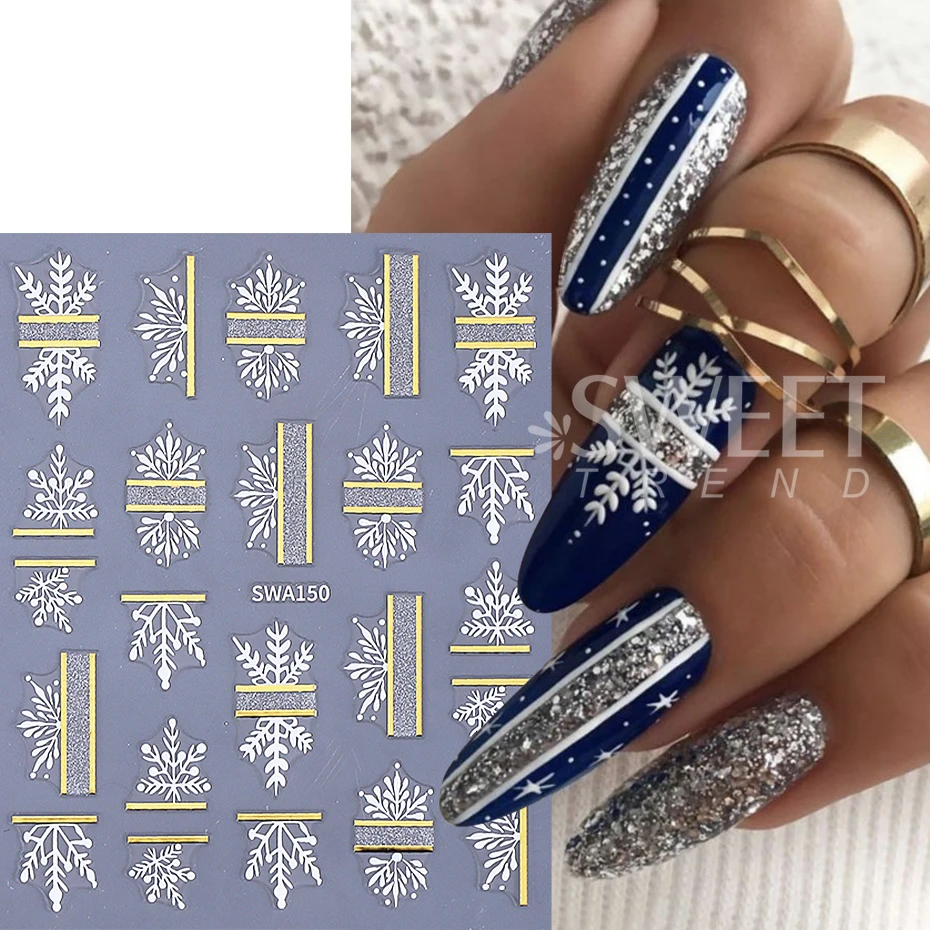 2pcs Flash Silver Christmas Nail Art Stickers Xmas Tree Lamp Ball Lace Snowflake Adhesive Nail Decals DIY Manicure Decoration