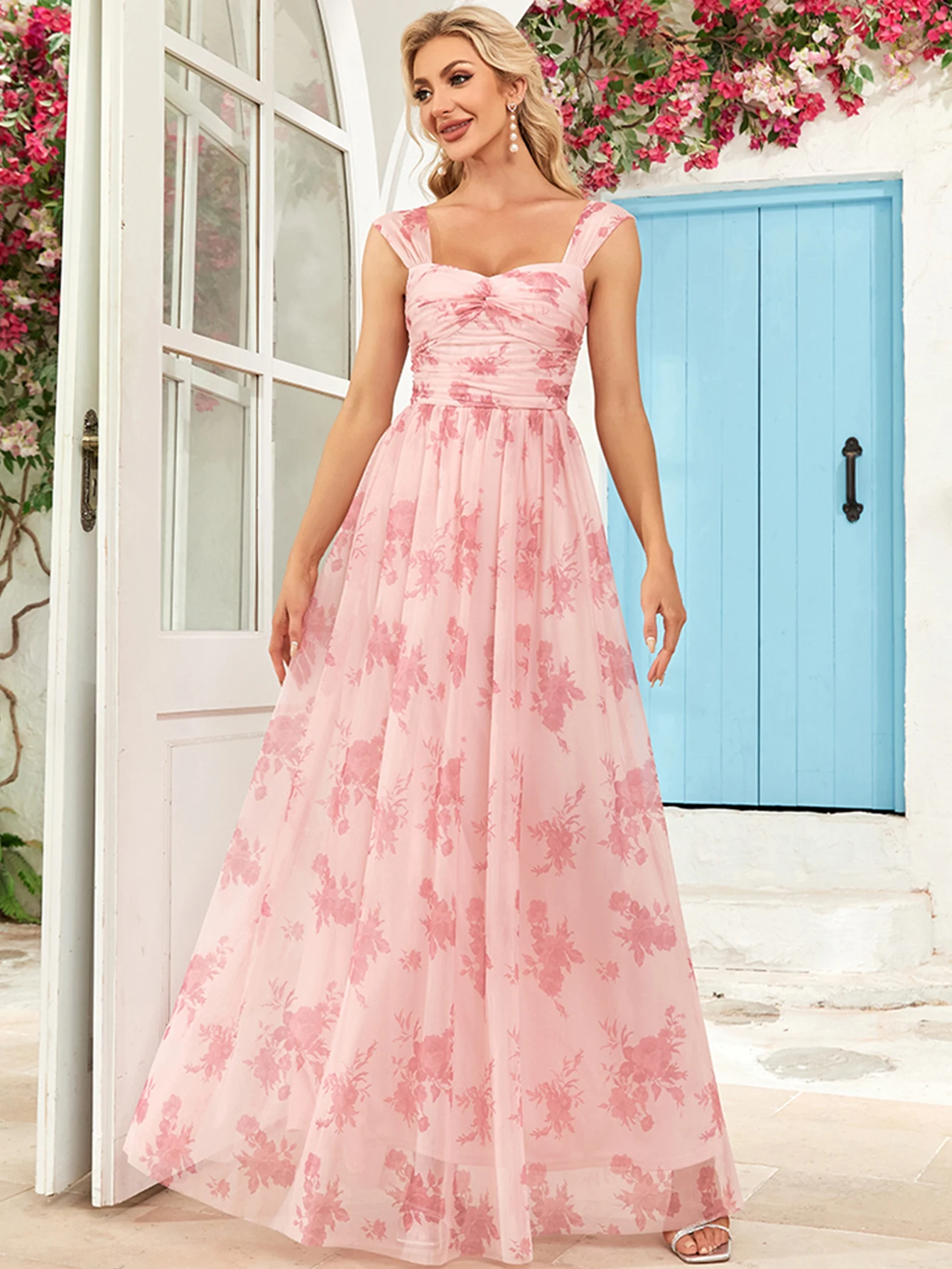 فستان ماكسي وردي حفلات نسائي