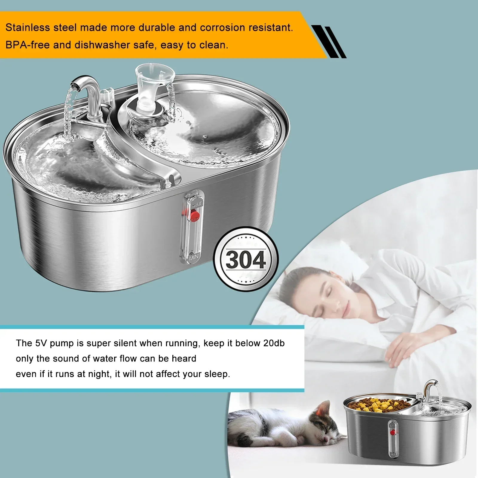 

Pet Fountain Dispenser & Pump Dog Feeding Stainless 1 Feeder In Steel Bowl Ultra-quiet Double 2 Drinking Bird Water