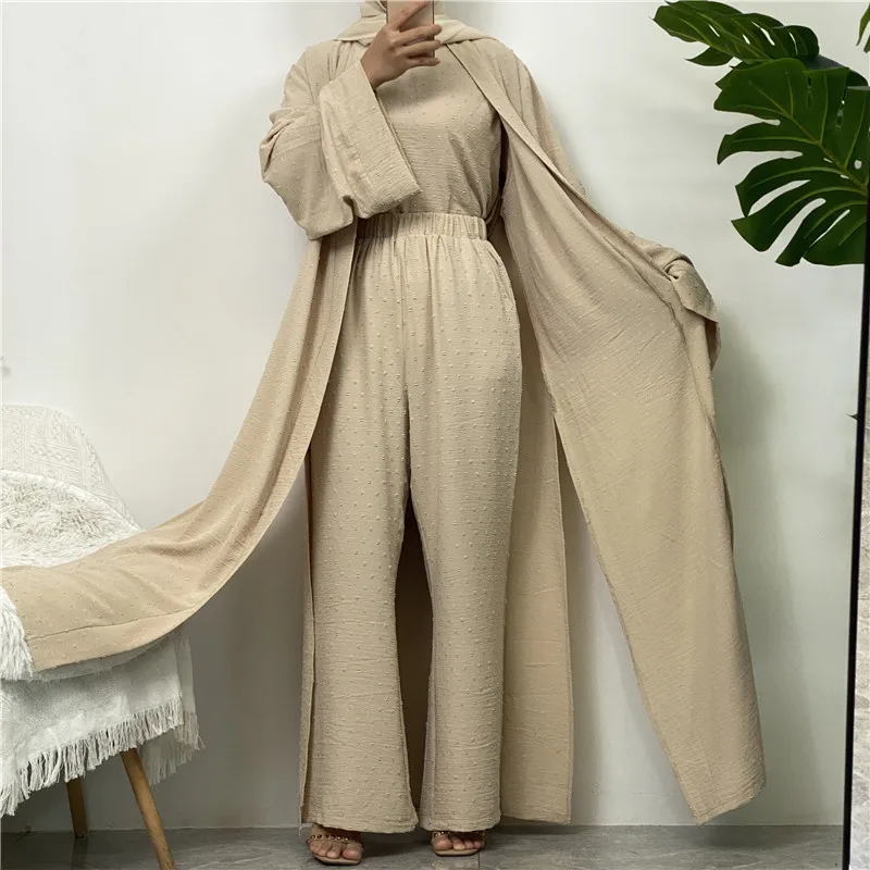 

3 Piece Matching Abaya Set Kimono+Sleeveless Tops with Wide Leg Pants Islam Clothing Women Dubai Muslim Dress Outfit Ramadan Eid