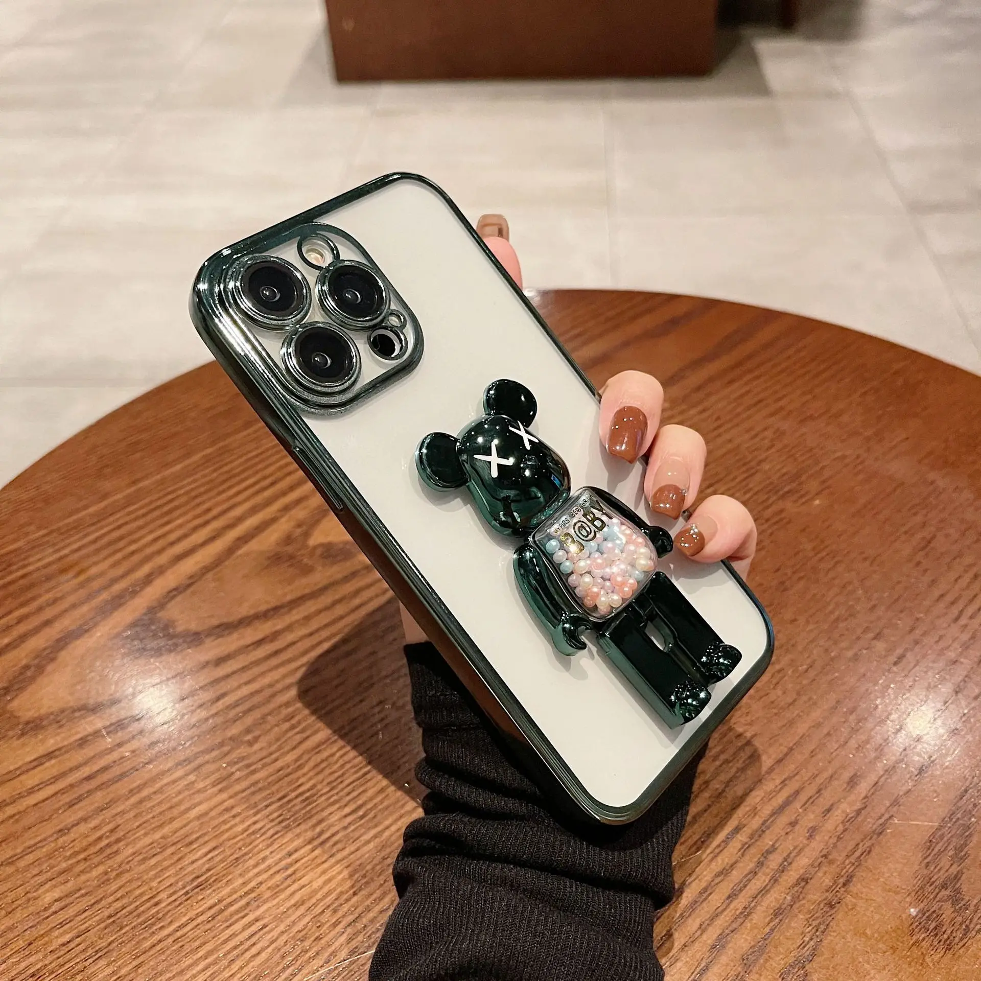 For iPhone 14 Pro Max case creative new candy beads 3D Cute Bear Bracket case iphone 14 13 12 11 electroplated soft shell