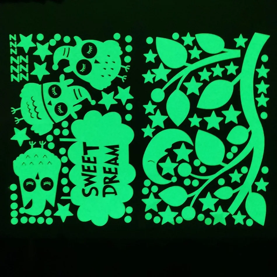 Glow in the Dark Owl Stickers-Fluorescent Star Dot Decals, Self-Adhesive Cartoon Wall Art for Kids Room Decor