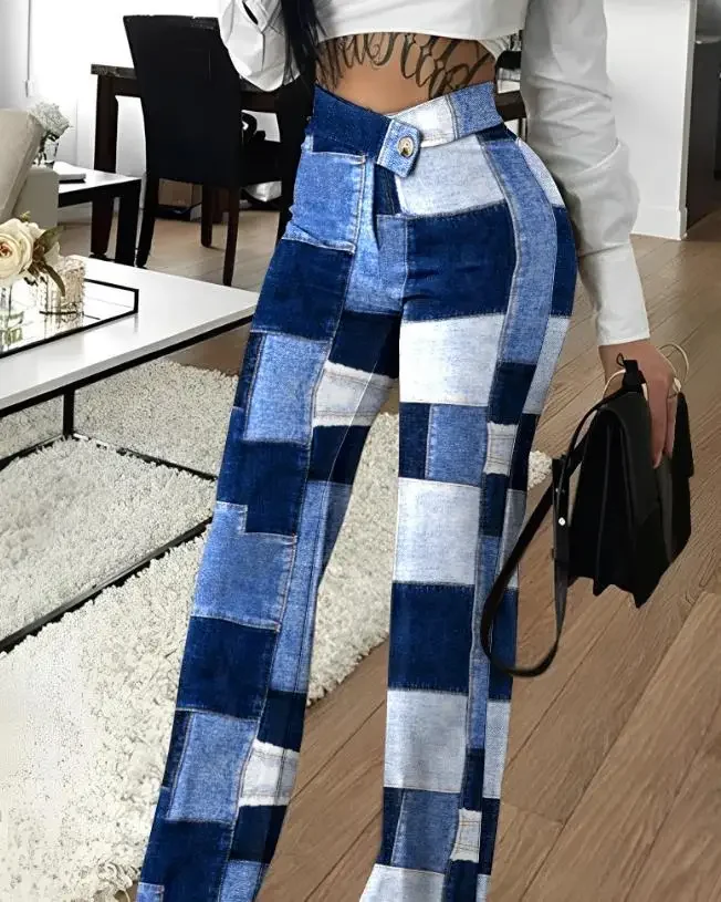 Denim Pants Women Streetwear Look Print Overlap Waist Work Casual Fashion Trousers Female Joggers Streetwear 2024 Elegant Summer