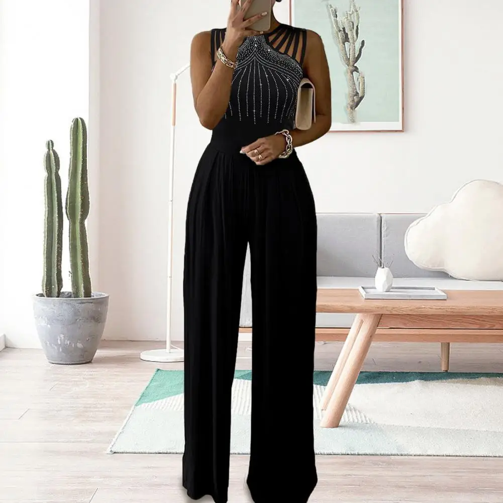 

High Waist Jumpsuit Ladies Jumpsuit Elegant Women's Prom Jumpsuit Sleeveless Wide Leg Decor High Waist Solid Color for Parties