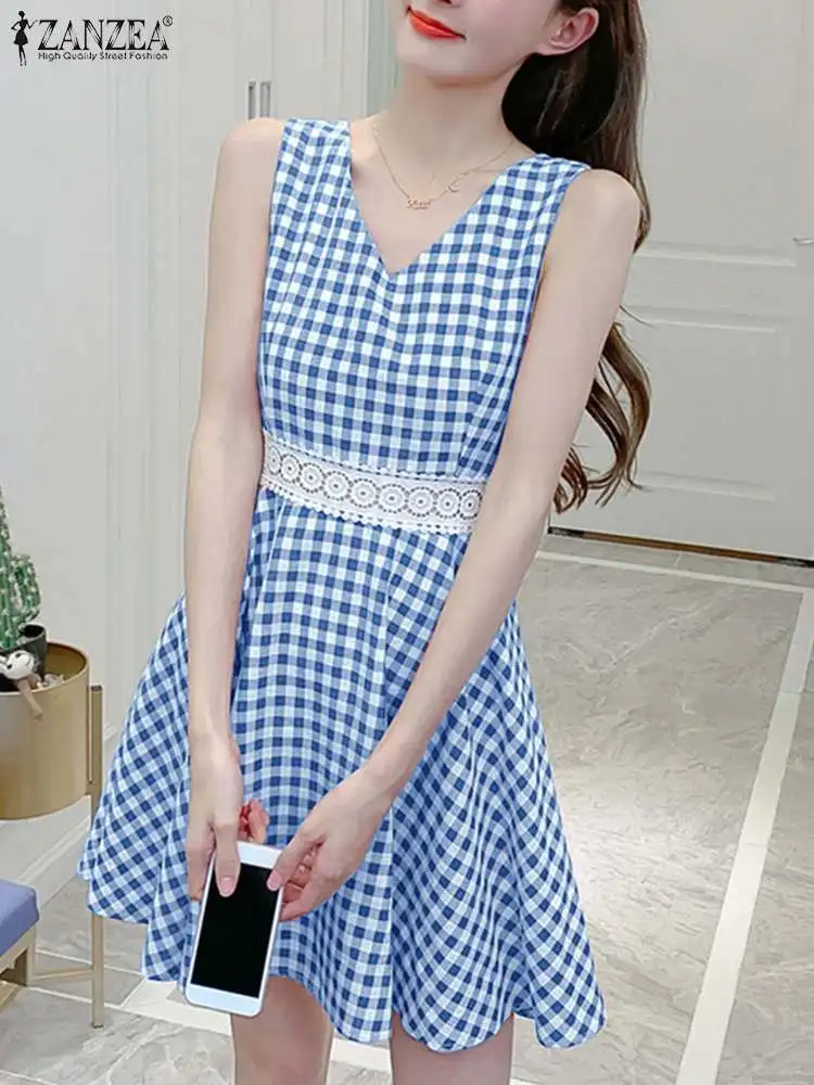 

ZANZEA Sleeveless Elegant Short Robe Women Checked Mini Dress 2023 Summer Fashion Sundress Plaid Sexy Lace Insert Tank Dress