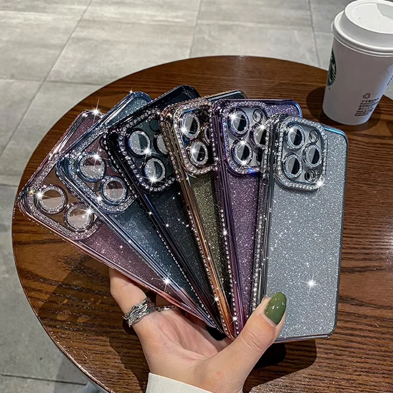 Luxury Plating Bling Glitter Diamond Rhinestone Case For iPhone 16 Pro Max 15 14 13 12 11 X XS 8 Plus Soft Silicone Clear Cover for phone case,iphone case