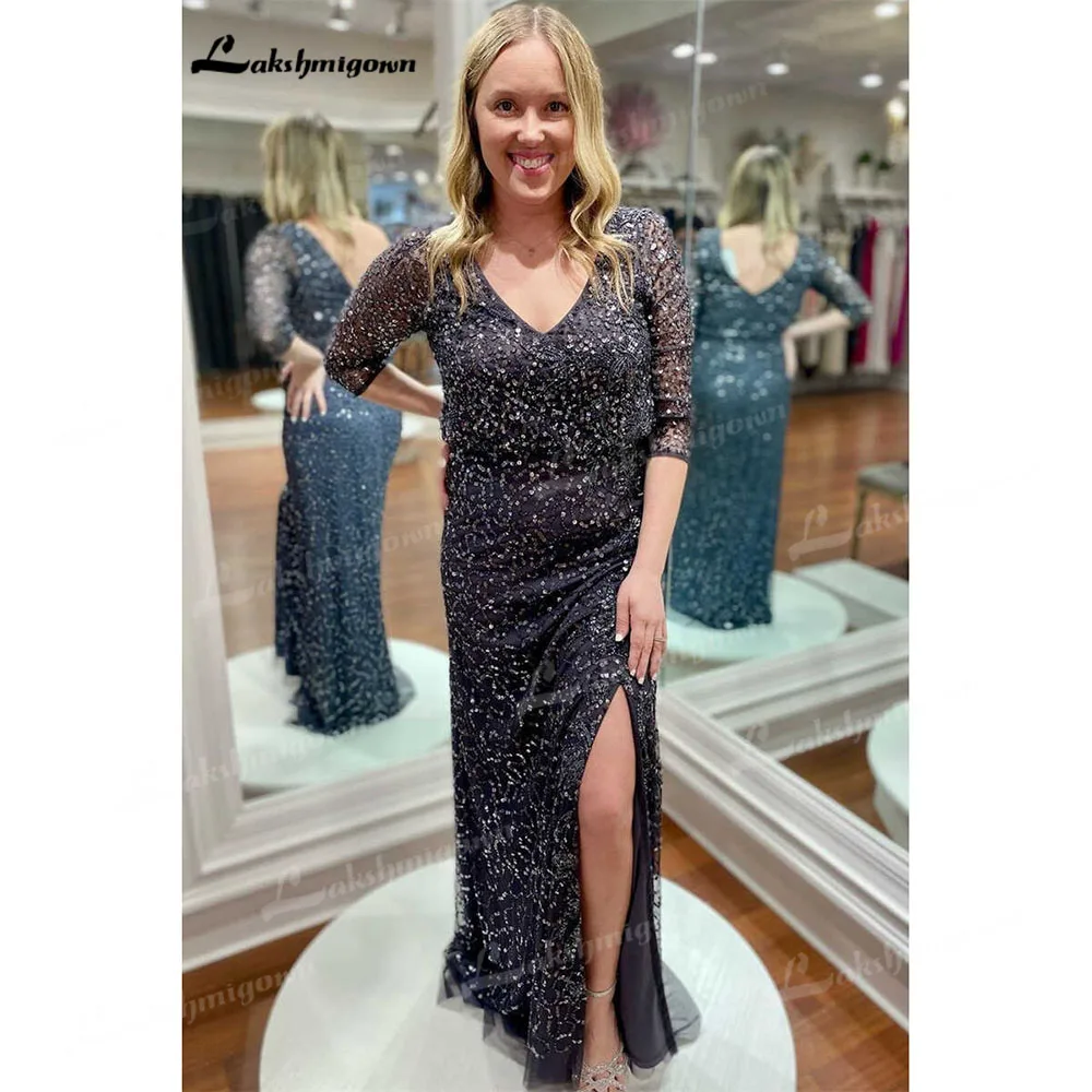 

Lakshmigown V Neck Shiny Sequined Split Side Floor Length Mother of the Bride Dress 2023 Three Quarter Sleeve Vestido de Madrina