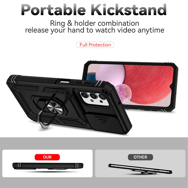 Shockproof Armor Holder Phone Case with Slide Camera Protector and Back Cover