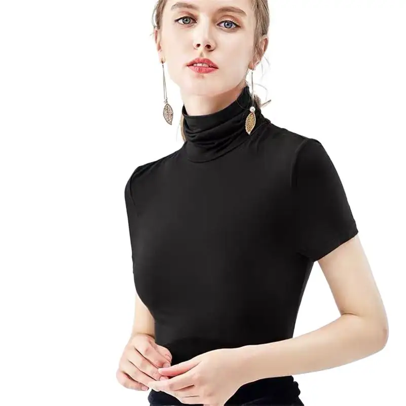 

Women Turtleneck Cotton T Shirt Office Lady Solid Basic Tops 2023 Slim Casual Elegant T-Shirts Female Clothing blusa mujer moda