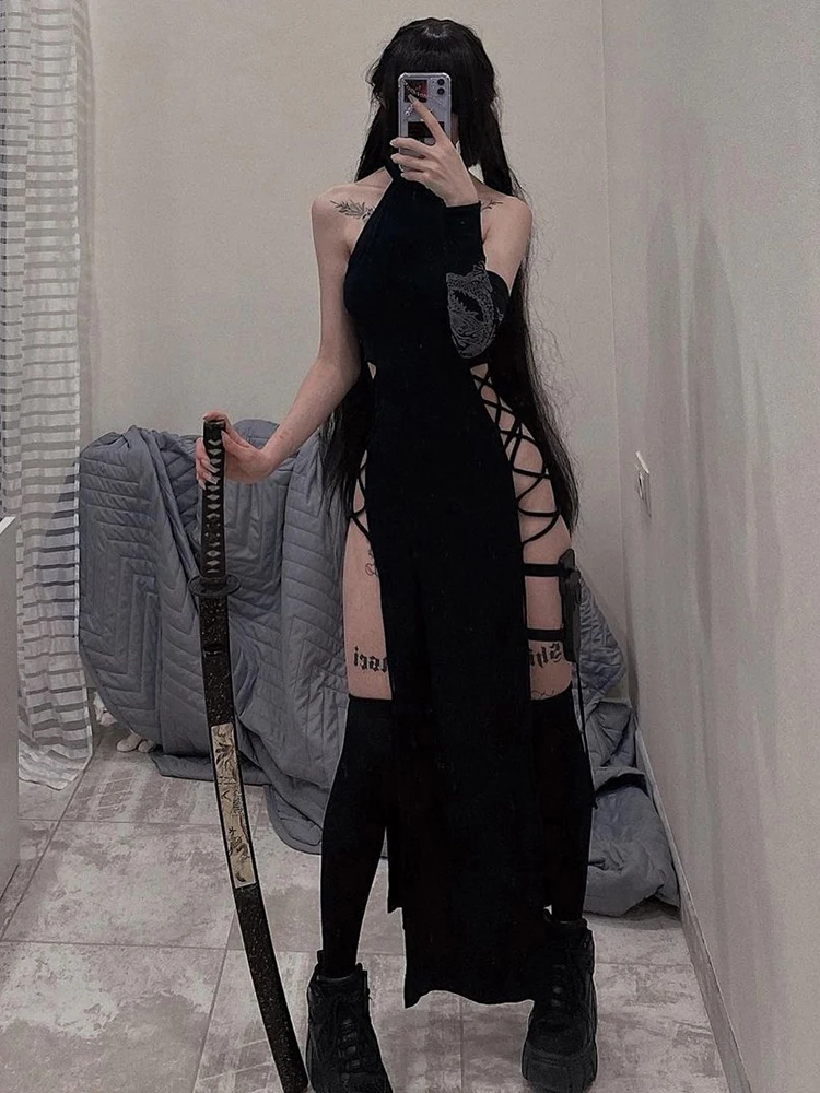  Women's Cut Out Dress High Slit Side Lace Up Sleeveless Bodycon  Maxi Tank Dress Club Outfits Party Dress-Black
