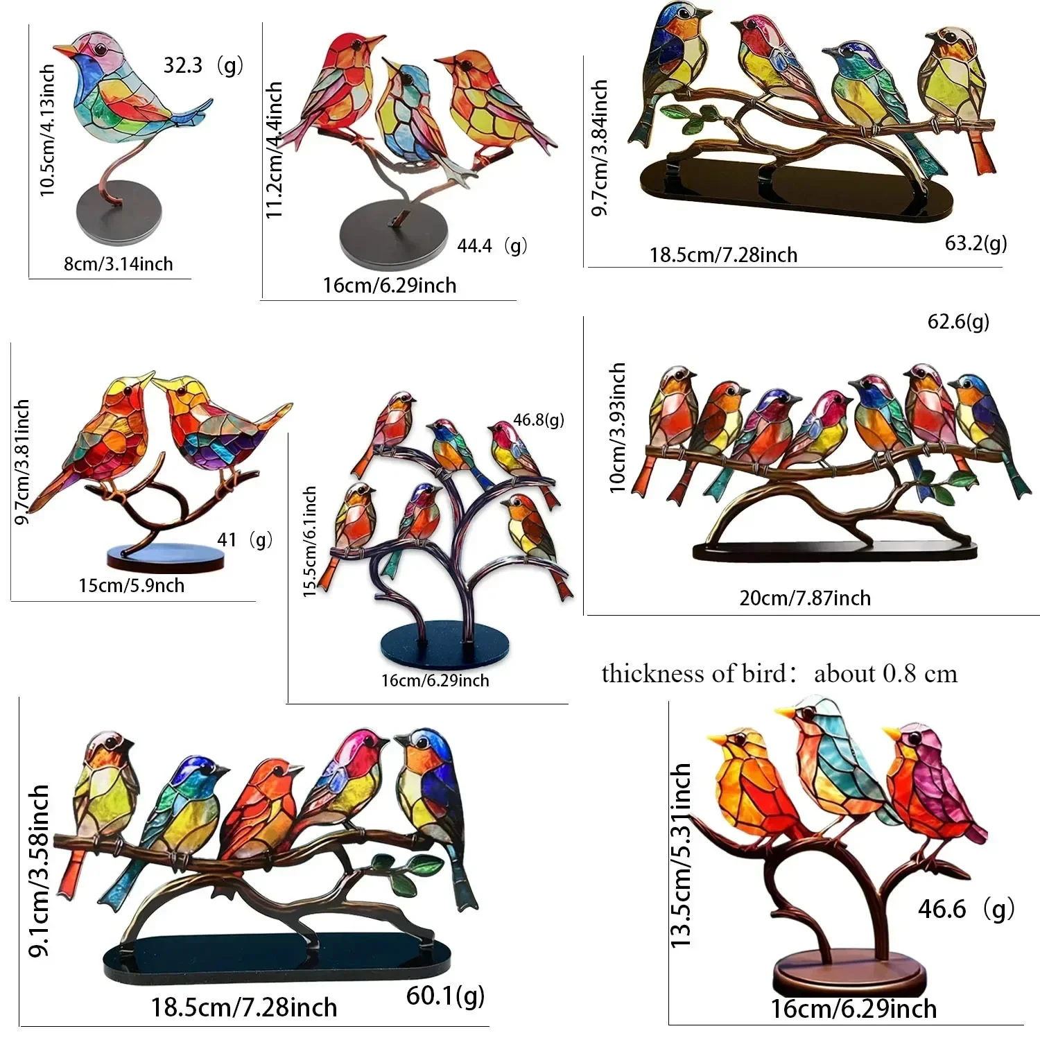 Multicolor Acrylic Birds on Branch 6