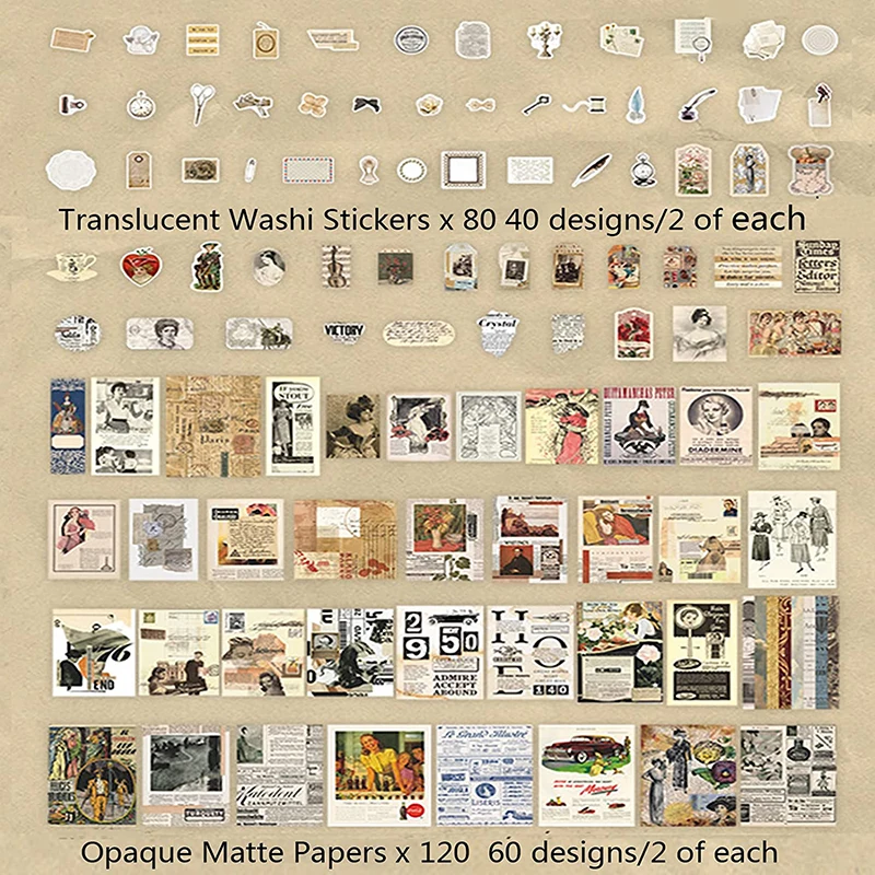 200Pcs Vintage Scrapbook Papers Supplies Pack DIY Paper Material Retro Washi Stickers for Art Craft Notebook Album Diary Envelop