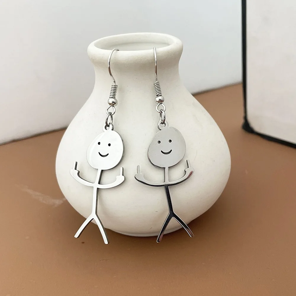 Titanium Steel Fuxk You Doodle Earrings For Woman Trend Punk Middle Finger Stickman Hip Hop Dangle Earrings Cool New Jewely