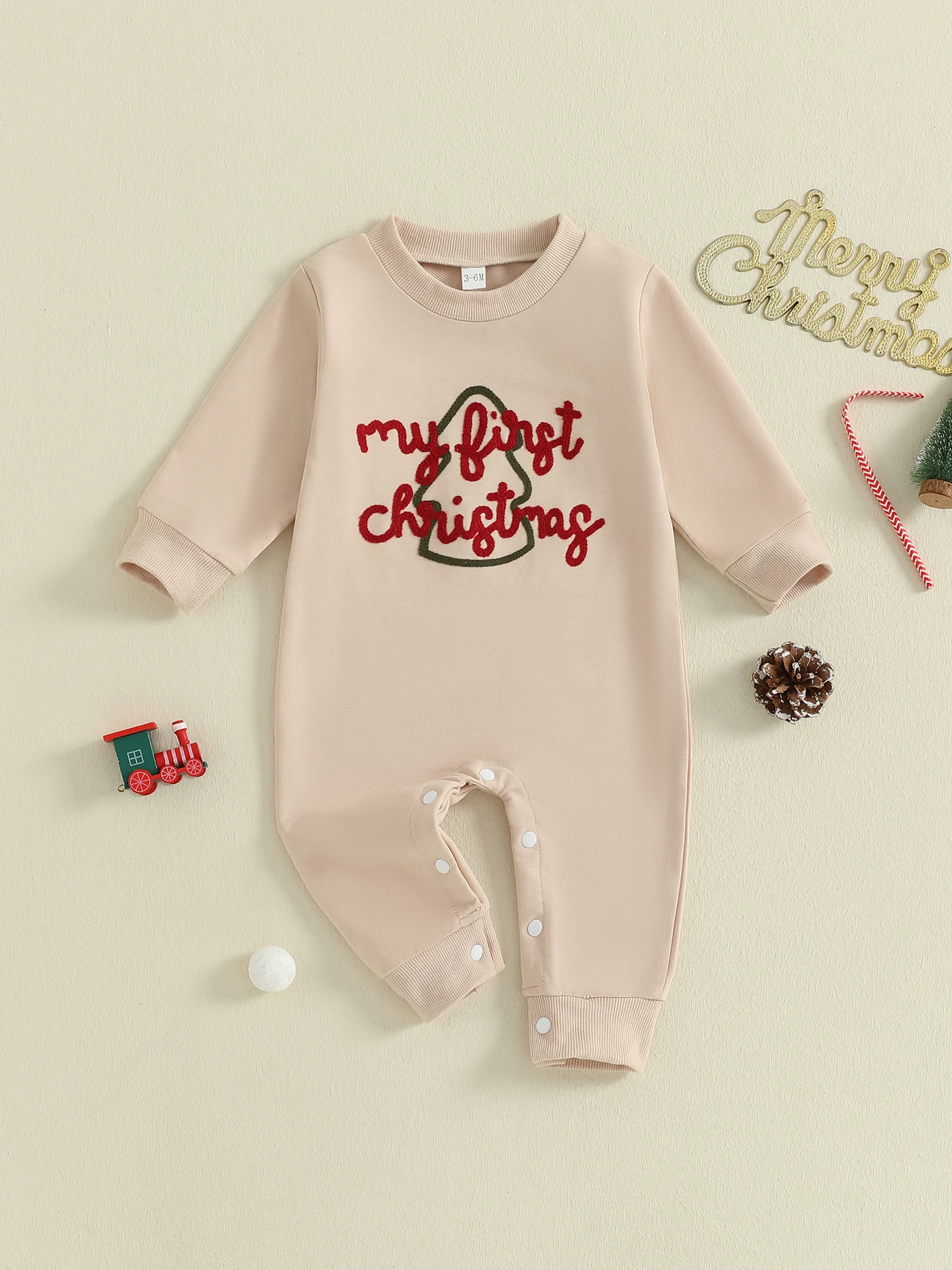 Christmas Newborn Baby Boy Romper Crew Neck Long Sleeve Letters Christmas Tree Print Fall Jumpsuit