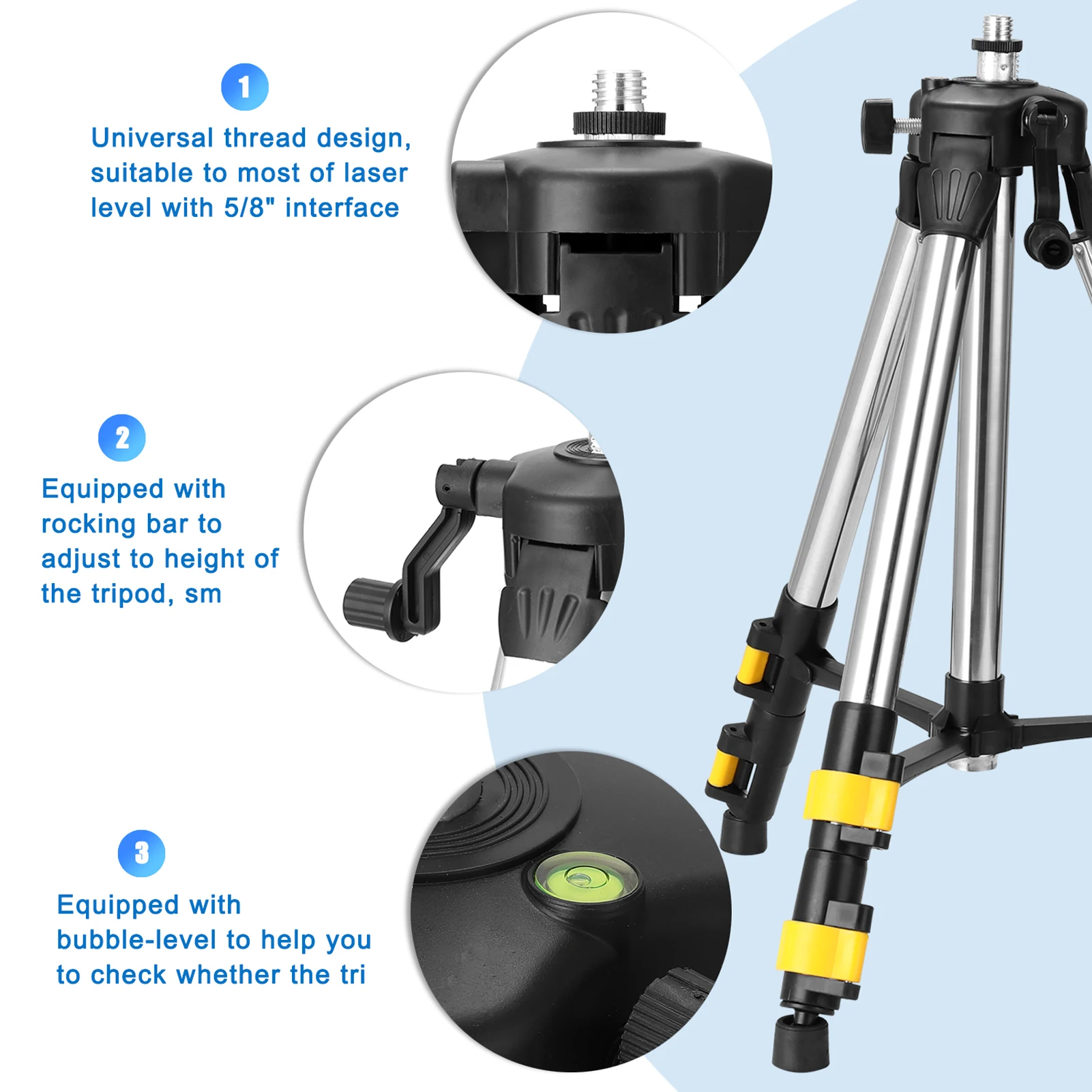 1.2M Three Height Adjustment Stainless Steel Extension Bar Tripod Stand Bubble-
