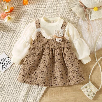 Autumn New Girls' Dress Long Sleeve Lantern Sleeve Bunny Decorated Lace Flower Print Fake Two Halter Girls' Dress 1