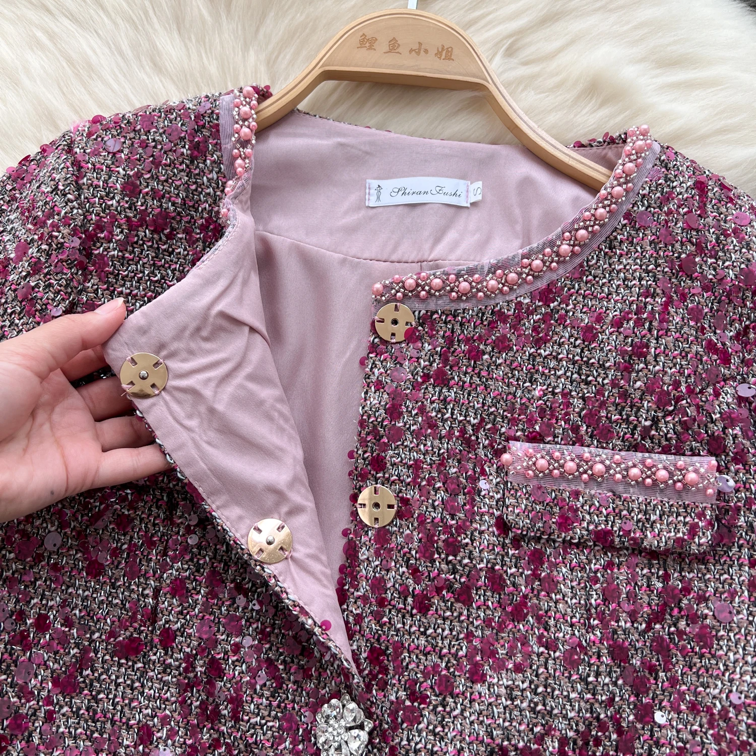 Celebrities Style Autumn Clothes Two-piece Sets Women's Clothing High-end Round Neck Sequined Jacket and Slim-fitting Skirt 6