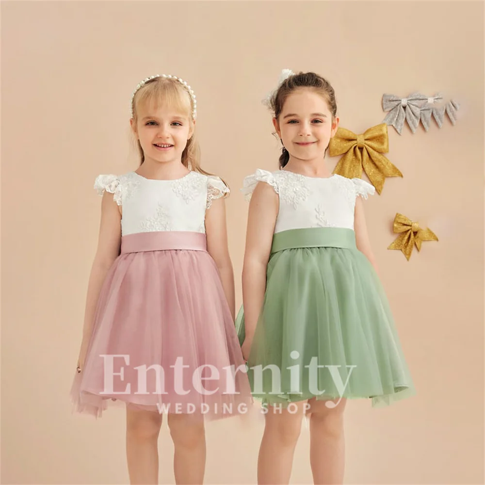 Vestidos Flower Girl Decote A, Laço até o Joelho, Laço de Tule, Vestidos de Casamento Elegantes, Meninas e Crianças