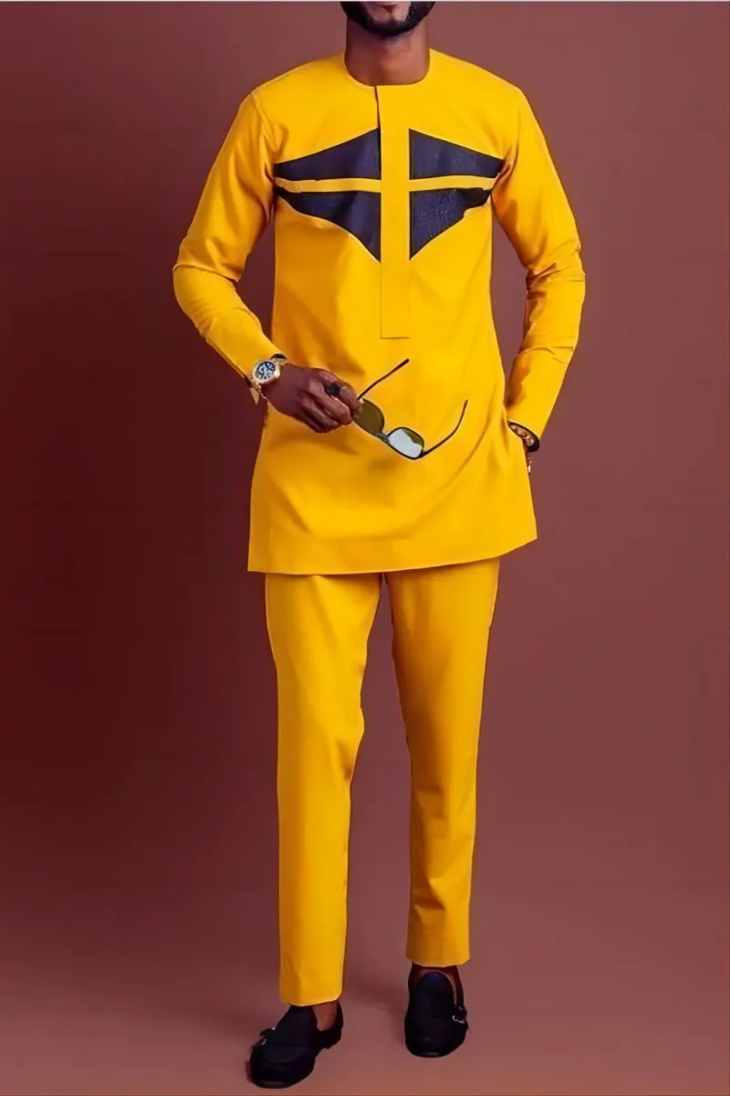 Muslim National Wind Personality Publicity Young Men Casual Long-Sleeved Shirt And Pants Two-Piece Travel Shopping Daily Suit