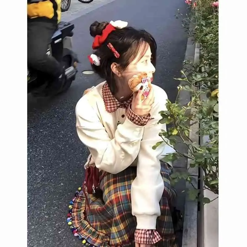 Rainbow candy bean plaid retro salt series colorful plaid pleated skirt autumn and winter half lace cute skirt