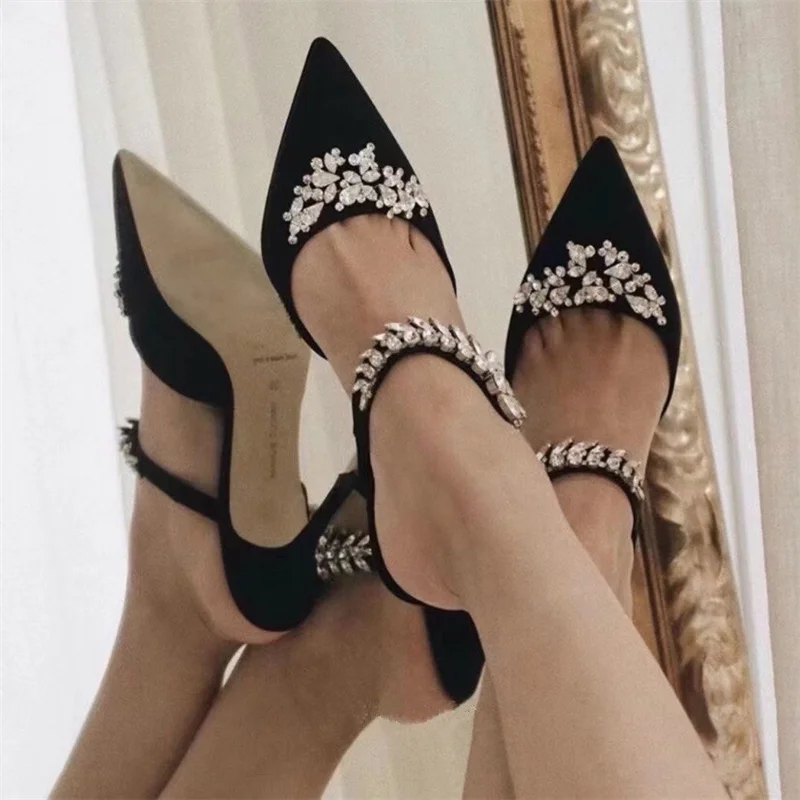 

2022 Spring and Summer Ladies Slip On Sandals Shoes Thin High Heels Pointed Toe Rhinestone Stiletto Crystal Female Party Shoes