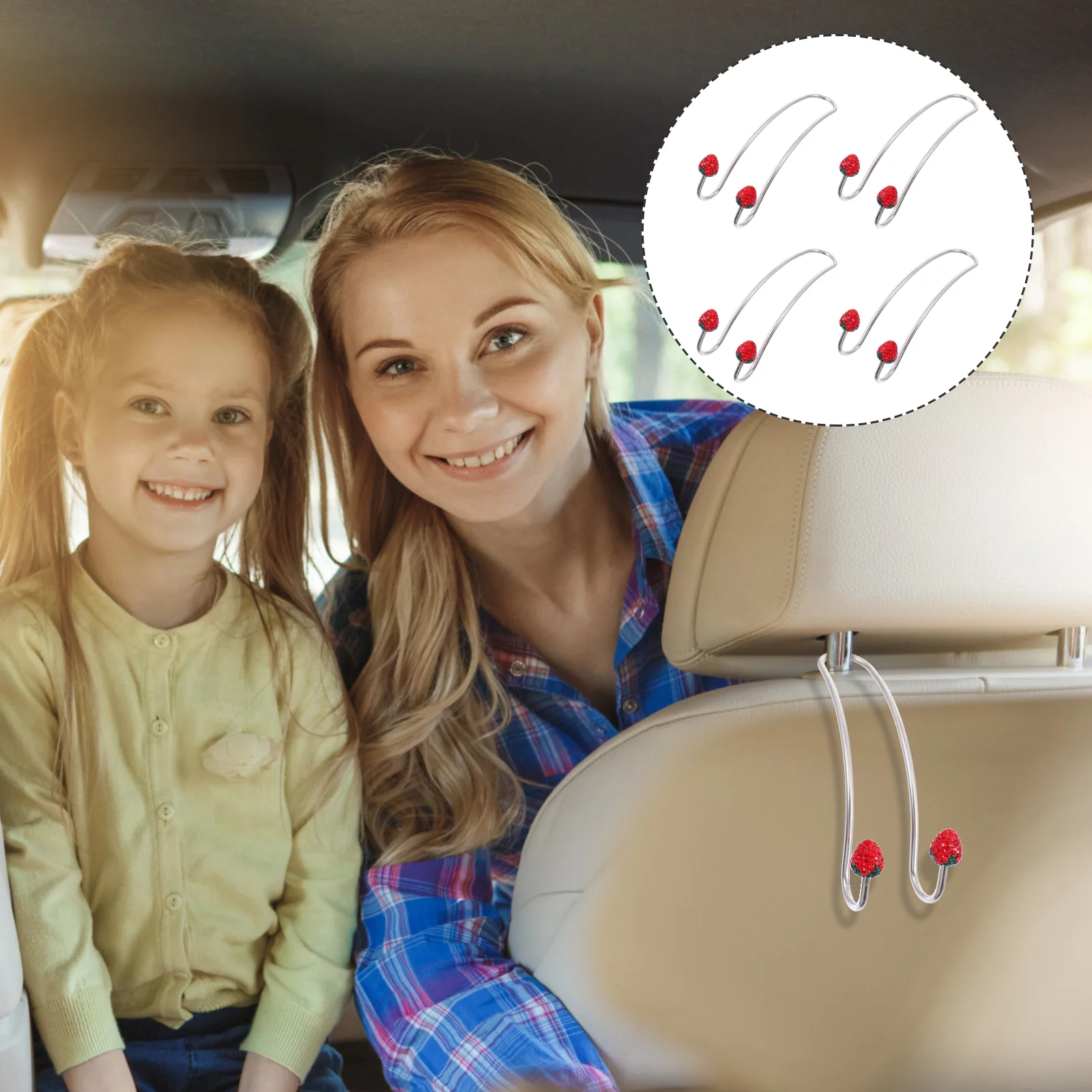 

4pcs Car Headrest Hook Stainless Steel Car Hangers Organizer Bling Rhinestone Strawberry Car Storage Hook Purse Hook for Bag