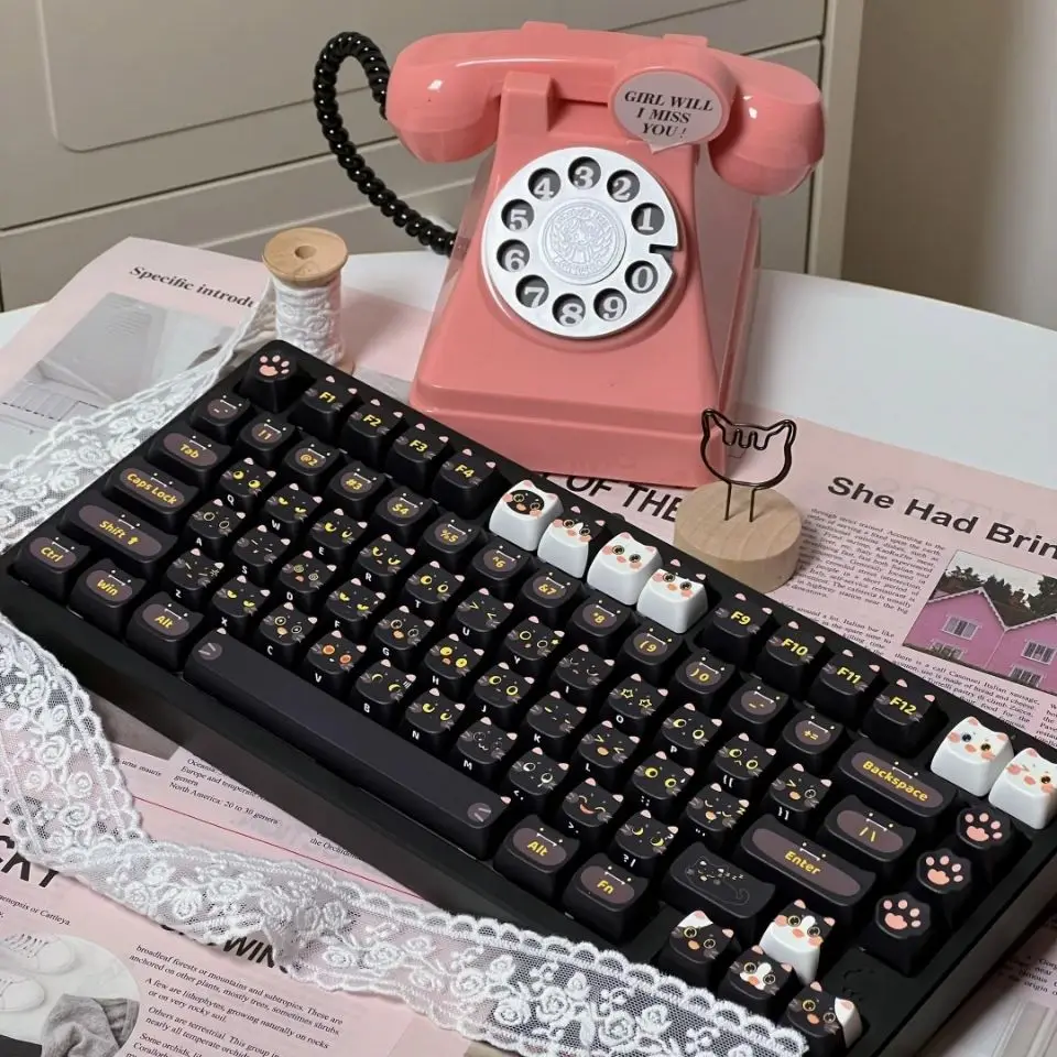 Gato Preto Cabeça Mao Cartoon Keycap Grupo Bonito Pet Gato e Cão Padrão Pbt Teclado Mecânico Faça Você Mesmo Presente de Ano Novo - Imagem 6
