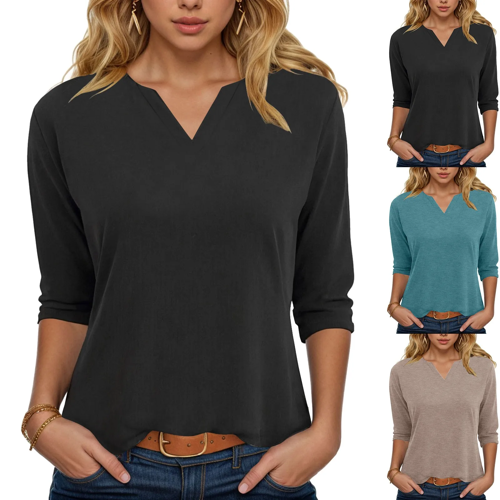Spring Work Tops 2025 Womens V Neck 3/4 Sleeve Tee Shirts Solid Color Casual Basic Top Summer Loose Fit Pullover Cotton Shirt 4