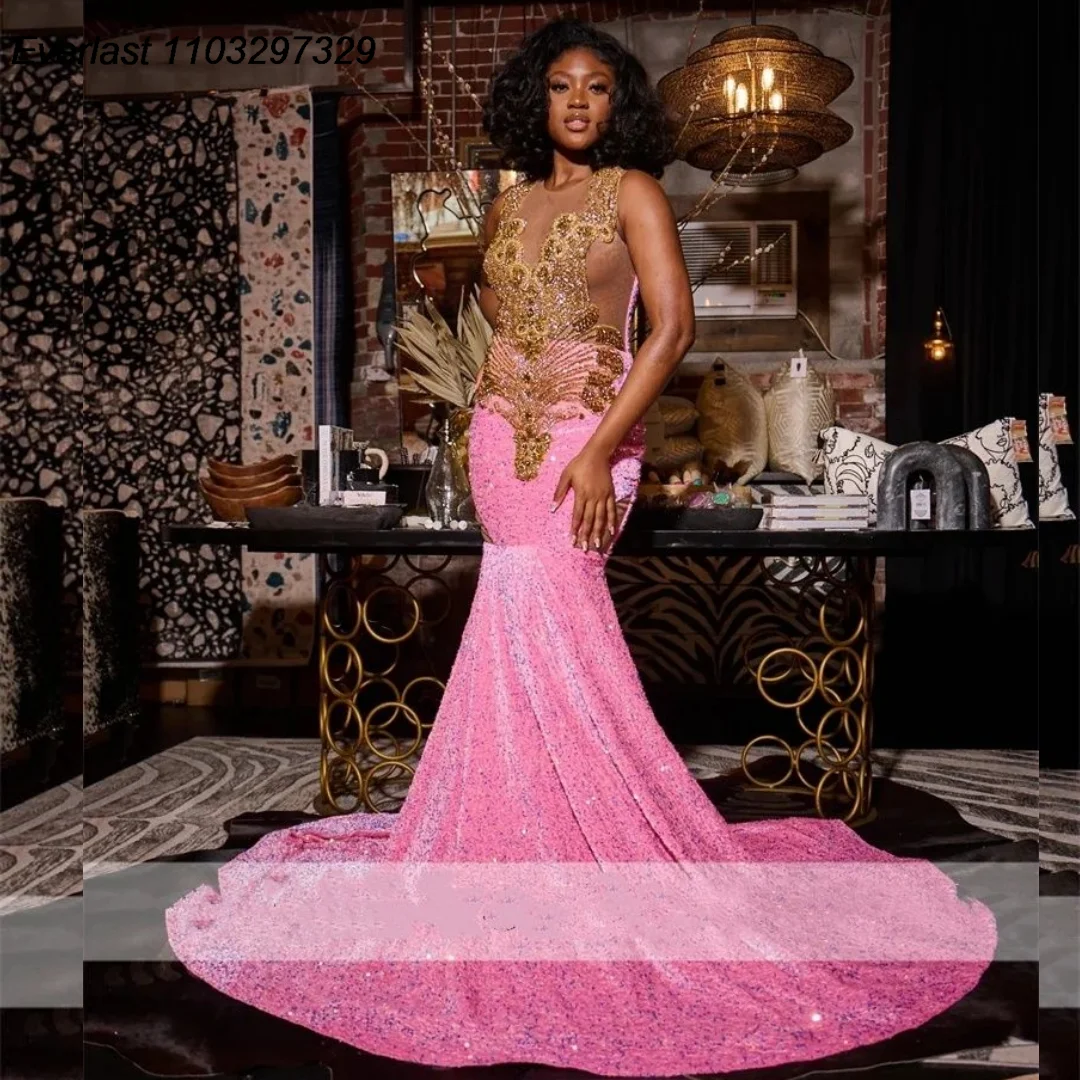 

EVLAST Glitter Pink Mermaid Prom Dress Black Girls Gold Crystal Rhinestones Beading Sequins Party Gowns Vestidos De Gala TPD15