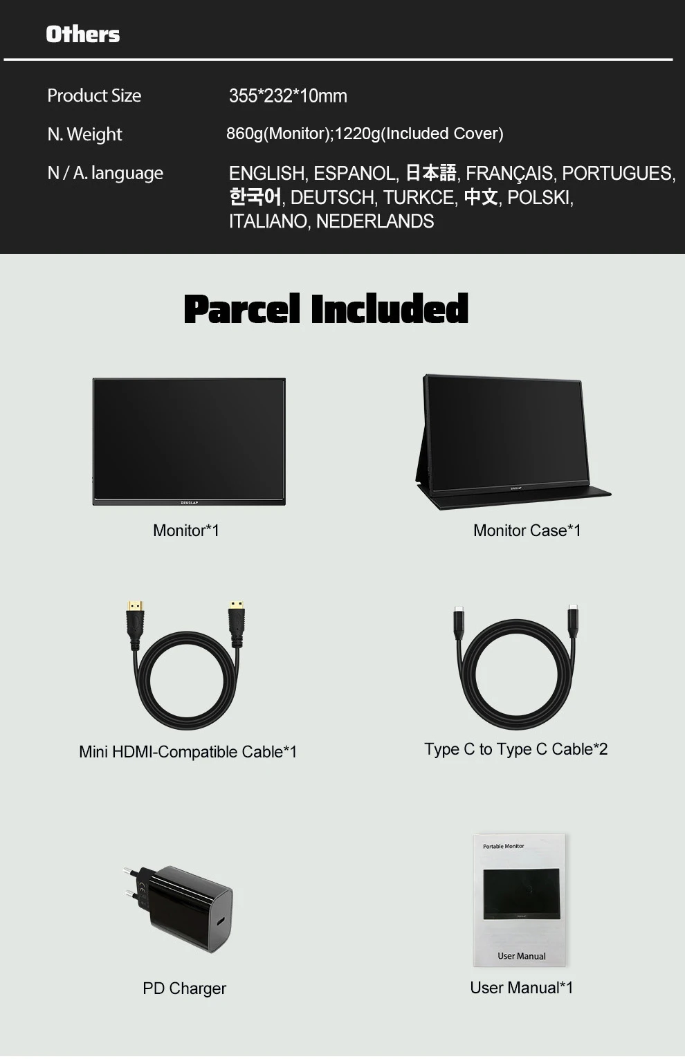 ZEUSLAP 16" 2,5K 144 Hz Tragbarer Monitor 2560*1600 16:10 100 % sRGB 500Cd/m² Reise-Gaming-Display für Laptop Switch PS4 Ps5 Xbox