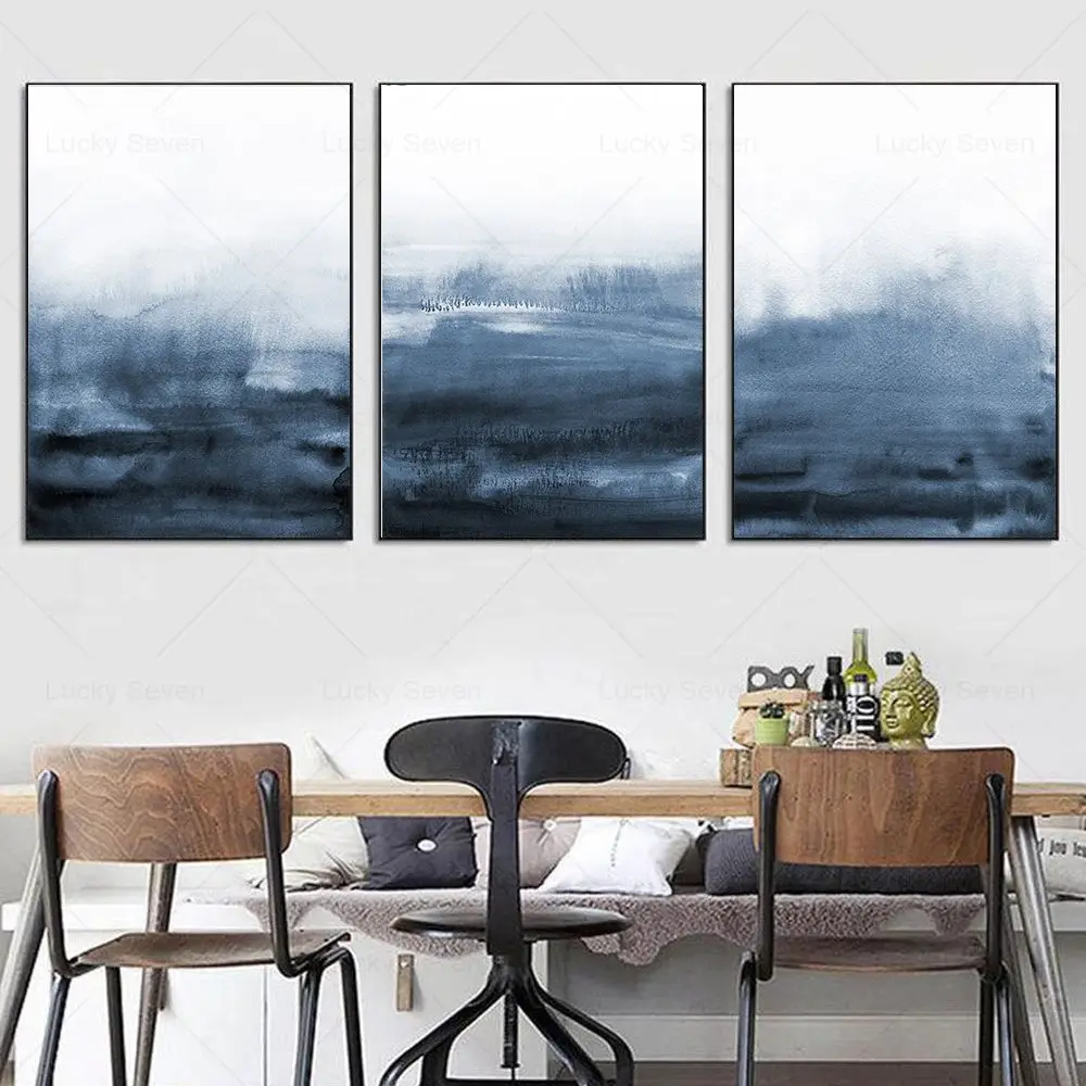 

Scandinavian Modern Canvas Painting Navy Blue Watercolor Print Picture Abstract Ocean Gallery Wall Art Posters Living Room Decor