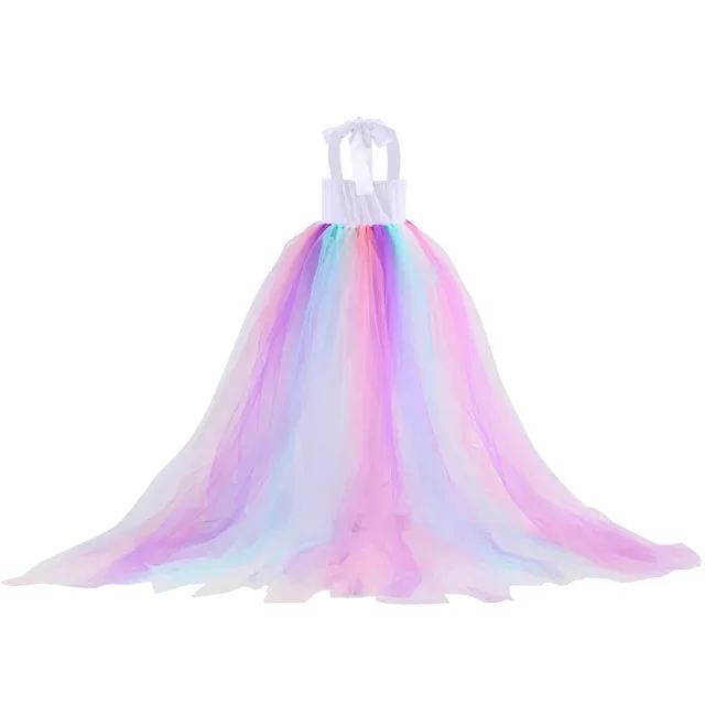 Kids Long Tail Unicorn Dress with LED Lights Girls Birthday Party Dress Princess Carnival Costume Hairband Pastel Rainbow Gown 5