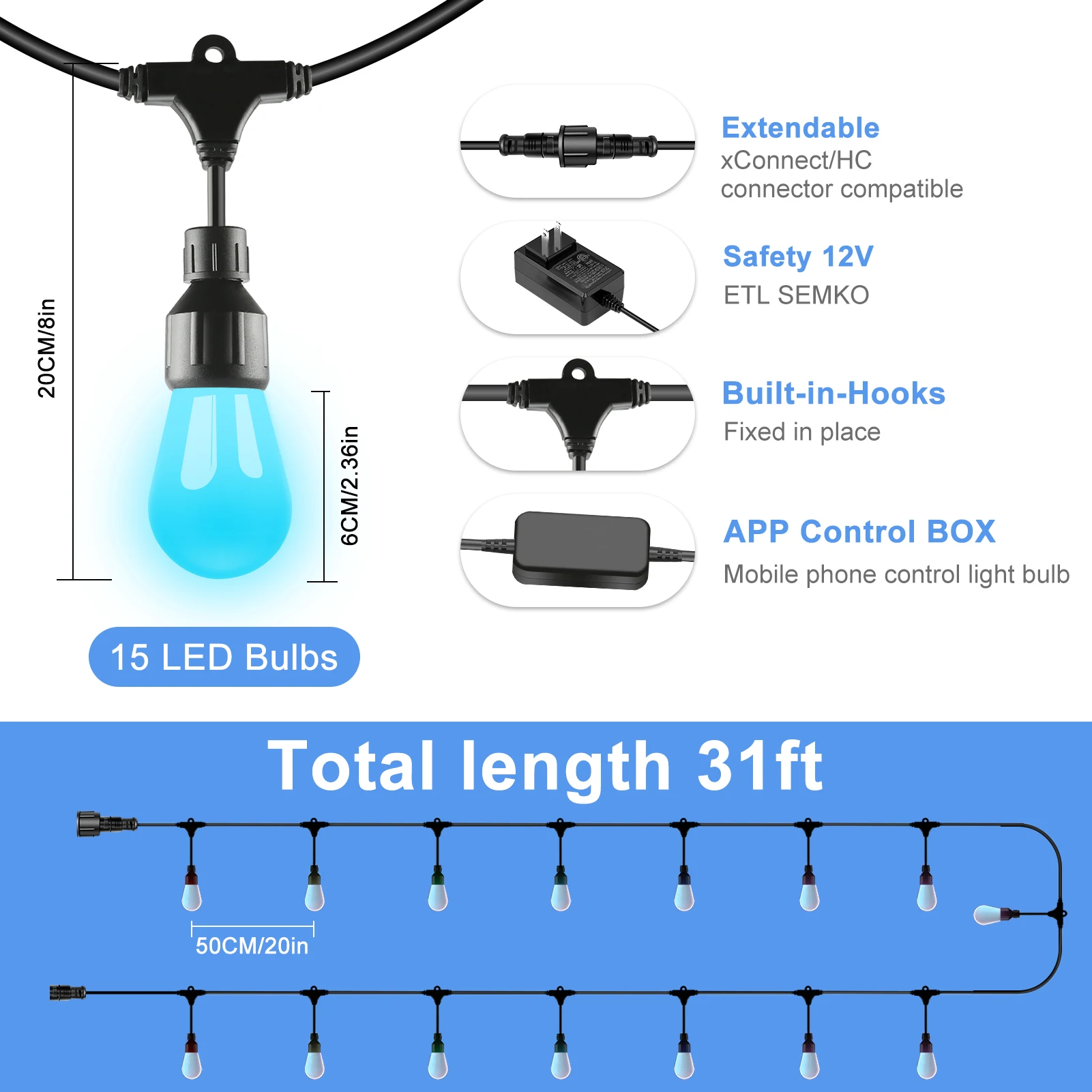 Smart S14 12V WS2811 Waterproof Pixa Bulbs 15 Count Leds 20 Inch Spacing RGB Outdoor String Lights 6