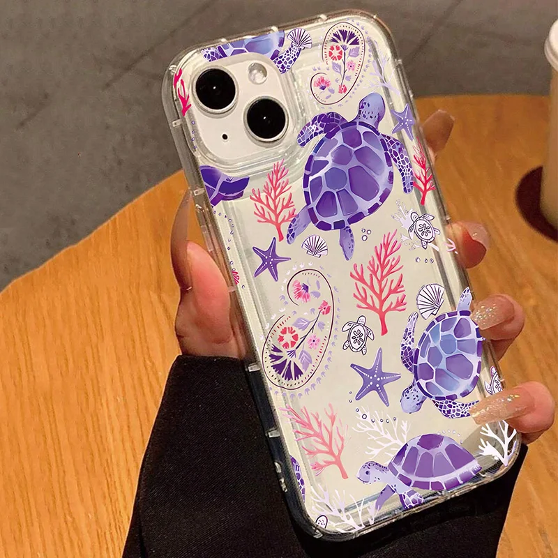 Chic Transparent Phone Case with Turtle Coral Seashell Design