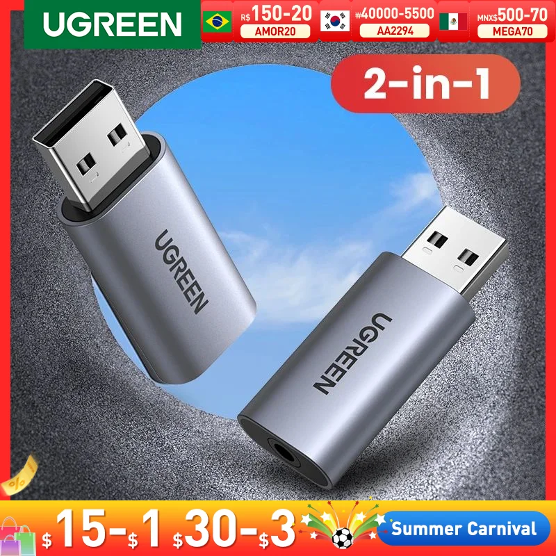 Ugreen-usb Placa de Som Adaptador de Interface de Áudio para Fone de Ouvido Mic para pc Laptop Ps5 Ps4 Trrs Catia Omtp Alumínio Metal Shell 3.5 mm