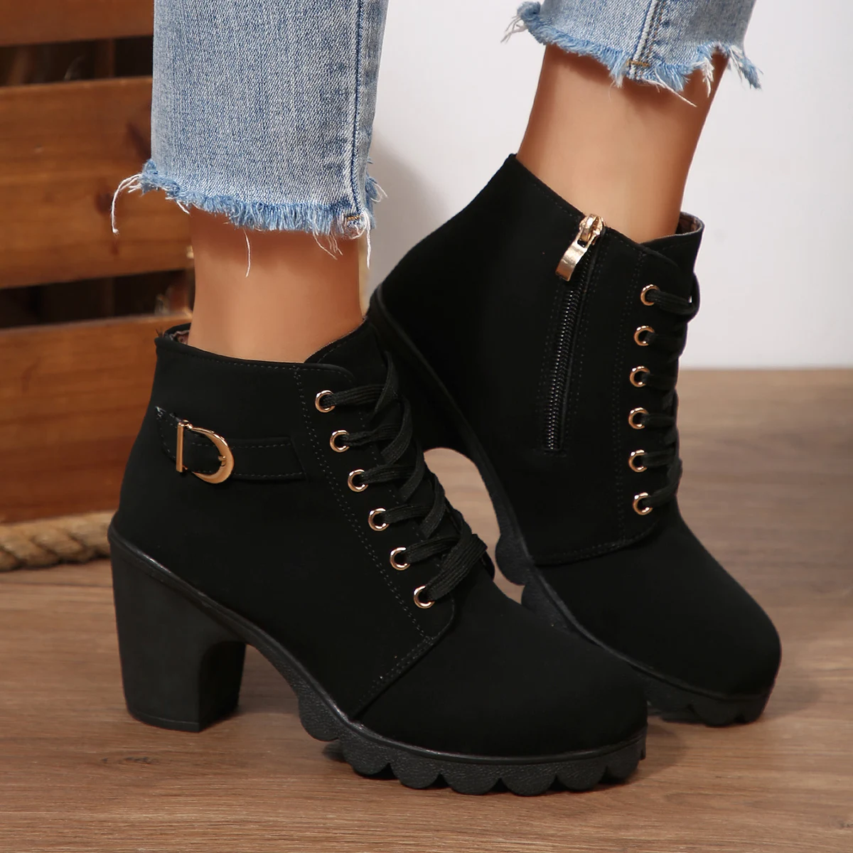 Women's Black Leather Chunky Heel Ankle Boots with Wide Buckle and Side Zipper