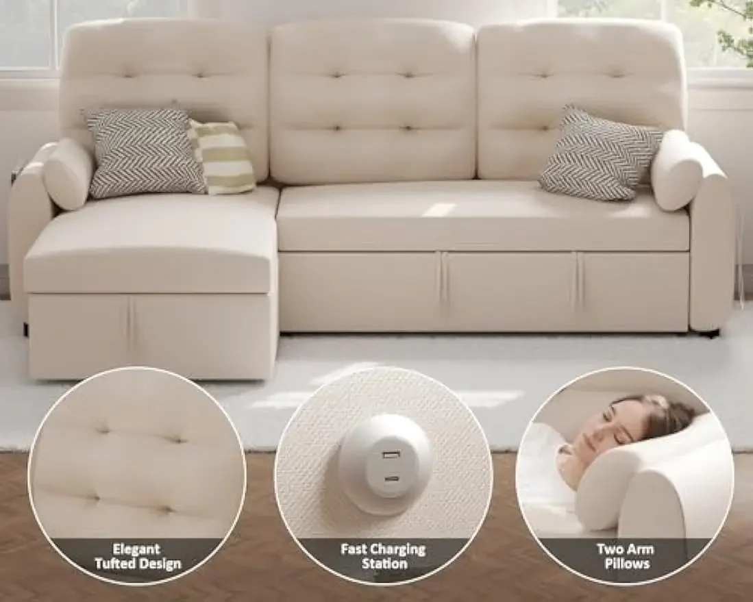 Description Picture 5 of itemSectional Sofa 87" Sleeper Sofa Bed with Reversible Storage Pull Out Couch for Living Room Side Pocket Linen Fabric Beige