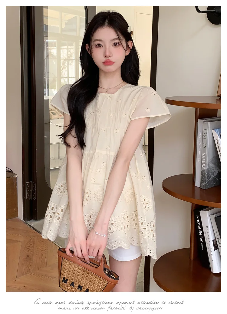 Pregnant Women's Summer Clothes Set Hollow Out Embroidery Lace Dress+Belly Shorts Twinset