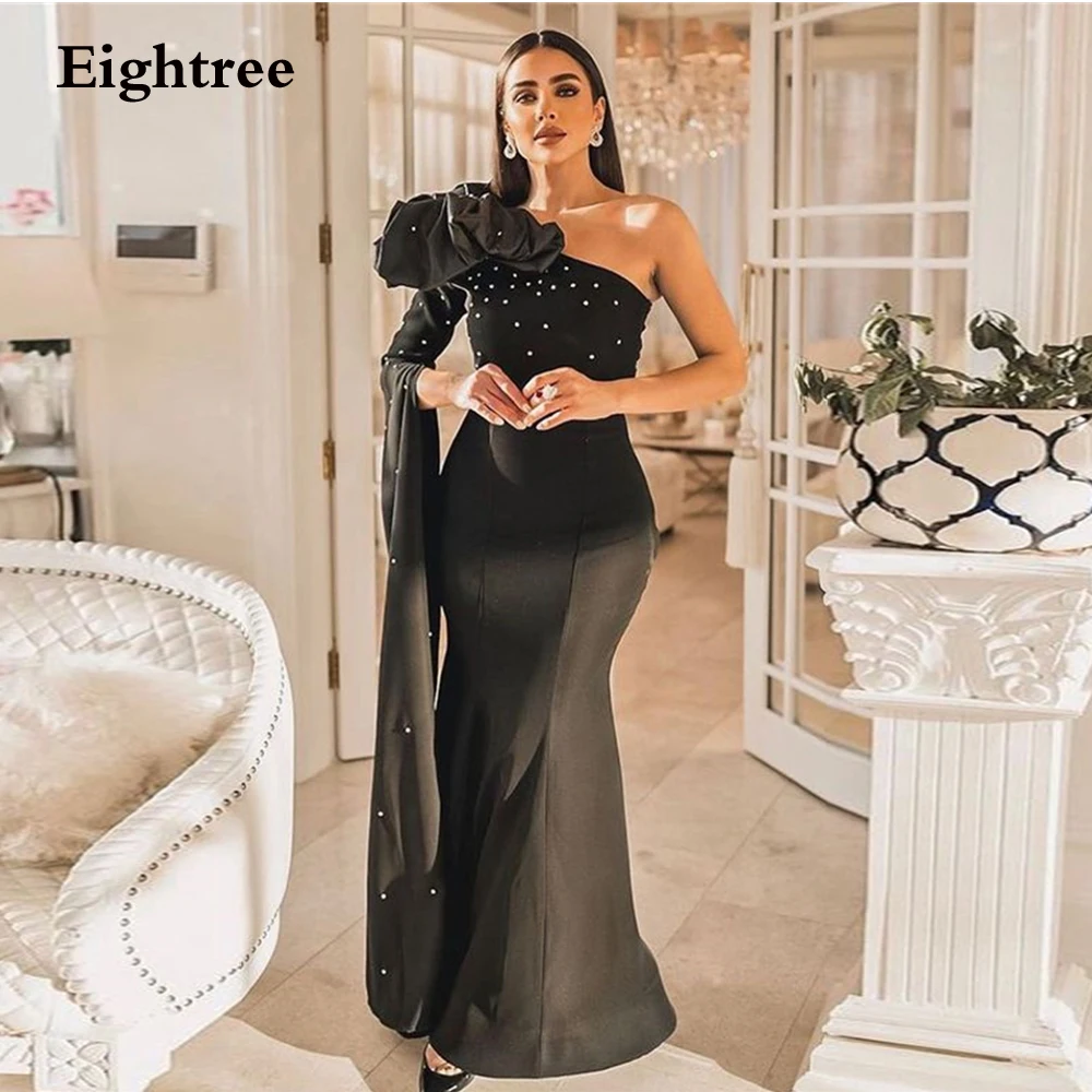 

Eightree Formal One Shoulder Prom Dresses Black Mermaid Stain Beadings Evening Dress Long Abendkleider Dubai De Soirée 2023