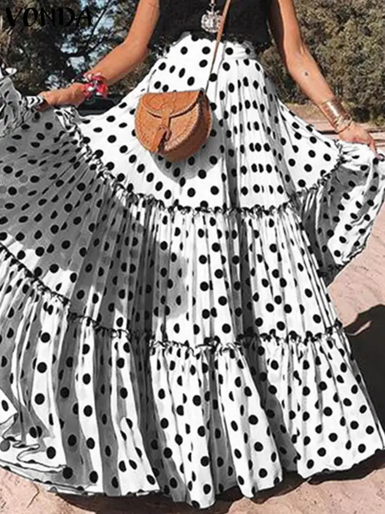 

VONDA Women Skirts 2024 Fashion Summer Bohemian High Waist Casual Ruffled Skirt Loose Polka Dots Printed Party Long Maxi Skirts