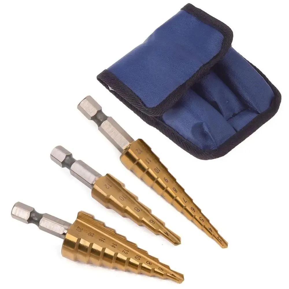 Straight Groove Step Drill Bit Set 3-12mm 4-12mm 4-20mm 4-32mm Wood Metal Hole Driller Tool Set 3Pcs With Cloth Bag