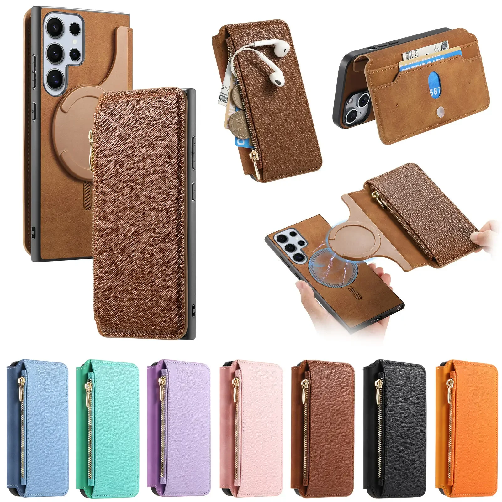 2 in 1 Detachable Magnetic Zipper Cards Solt Wallet Leather Case For Samsung Galaxy S24 Ultra S23 Plus A05 A35 A25 A15 A55 Cover_voghion.com