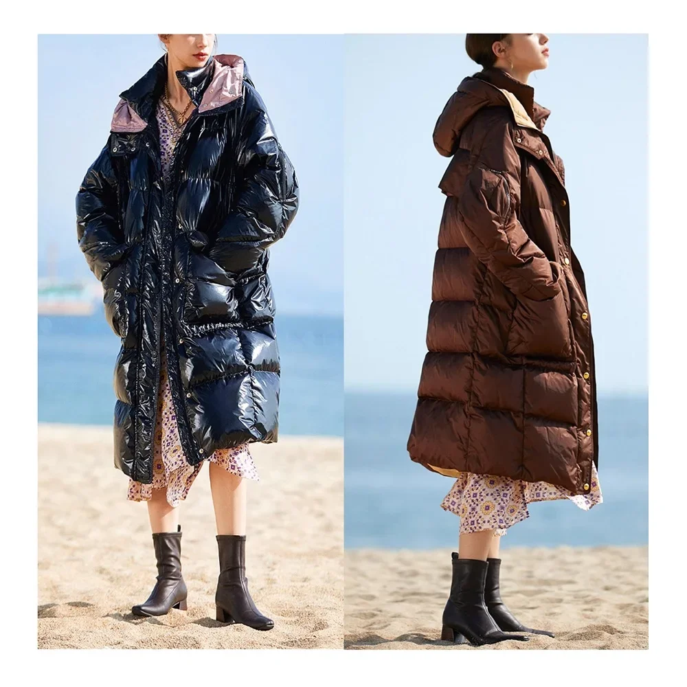 2023 AW 여성용 화이트 덕 다운 롱 다운 재킷, 두꺼운 따뜻한 재킷, 후드 프리즘 체크 코트, 고급 럭셔리