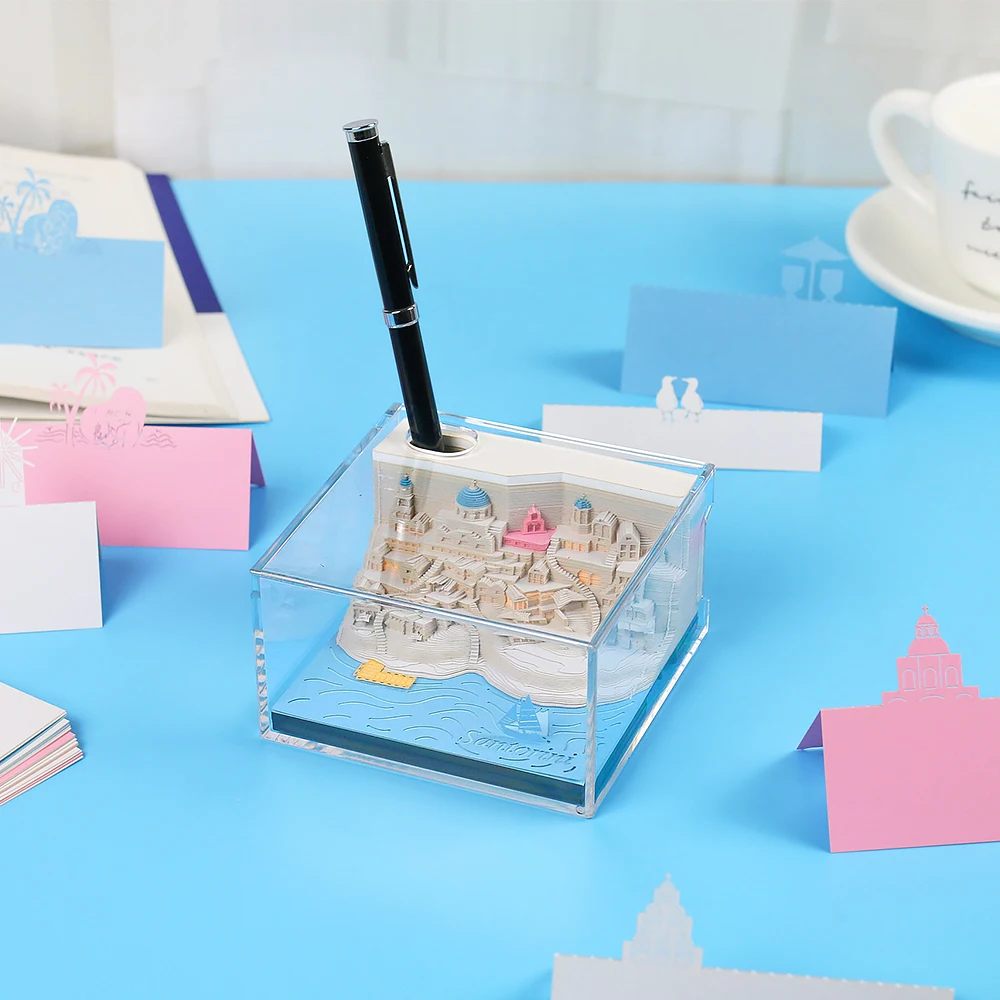 Omoshiroi Block 3D Memo Pads Santorini 3D Notepad Love Sea 3D Sticky Note Cubes Mini Pen Holder Office Accessories Birthday Gift