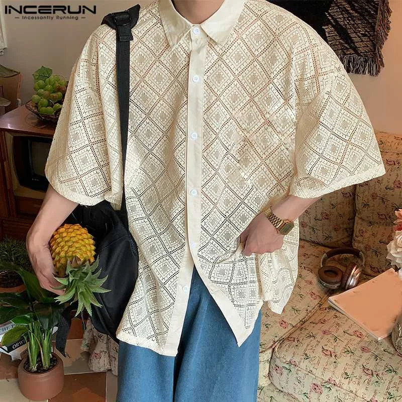 

INCERUN Tops 2023 Korean Style Handsome New Men's Vintage Hollowed Mesh Blouse Casual Streetwear Male Short Sleeved Shirts S-5XL