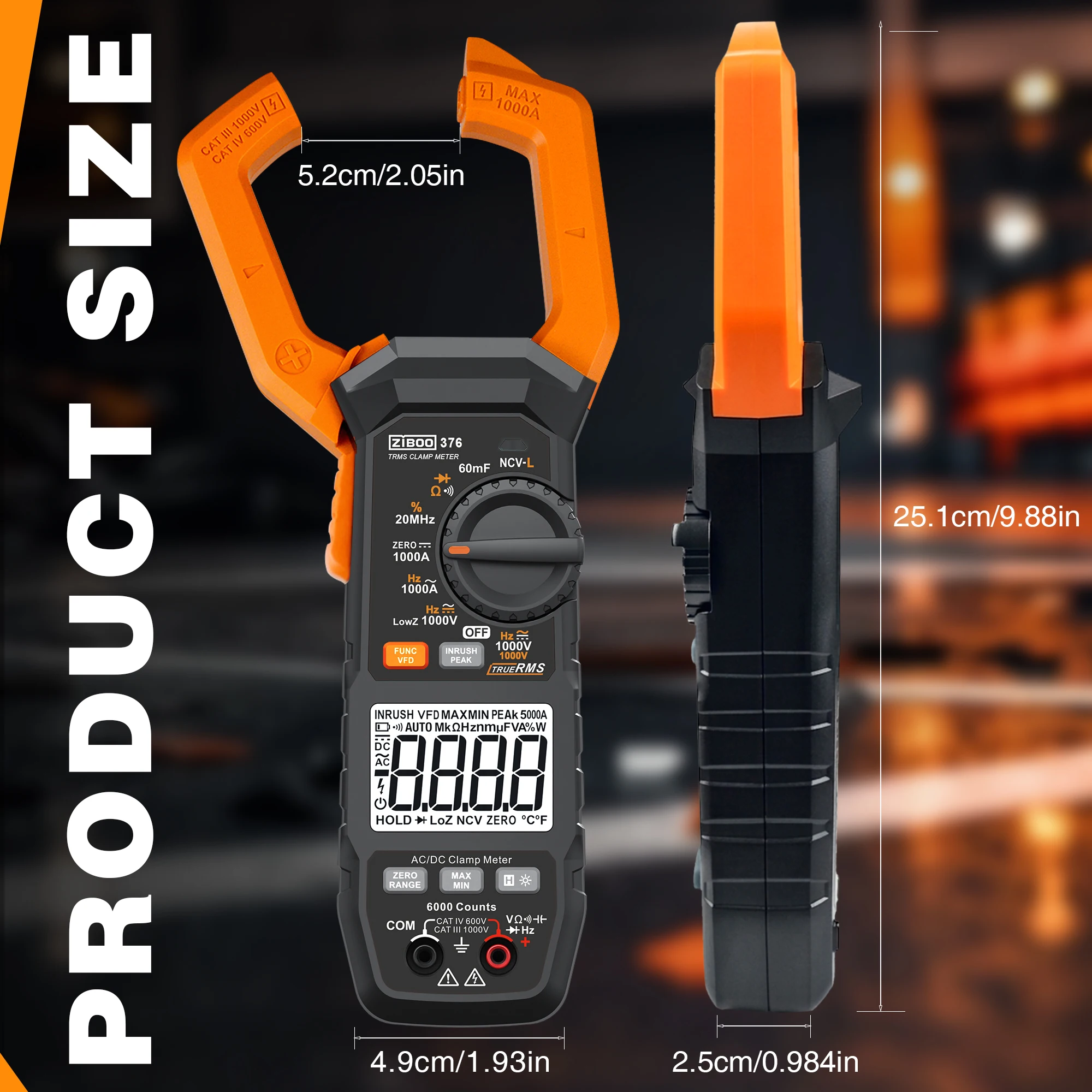 ZIBOO 376 디지털 클램프 미터 True RMS; ZIBOO 393 True RMS 클램프 미터 VFD, LoZ, NCV, 온도/커패시턴스/저항 측정.