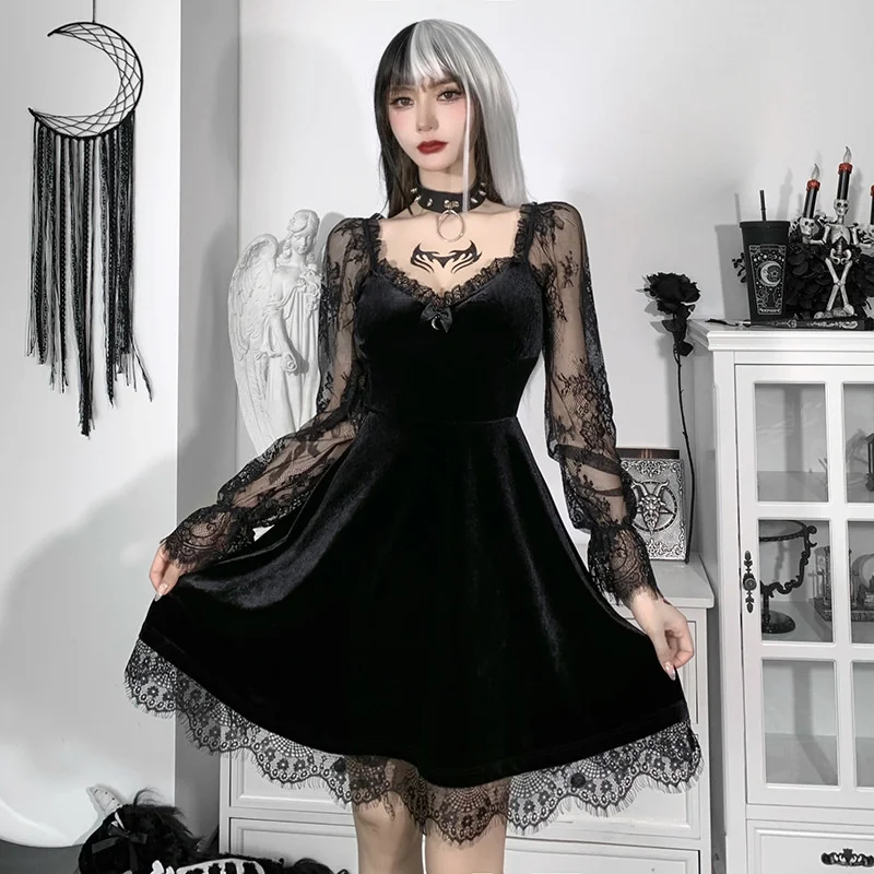 

Gothic Black Mini Dress Lace Spliced Long Sleeve High Waist Bodycon Dress Y2K Women Vintage Punk Streetwear Lolita Dresses
