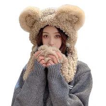 

Women's Winter Bear Ears Beanie Hat with Earflaps Balaclava Scarf Bib Neckwarmer Warm Plush Bonnet Fleece Full Protection Cap