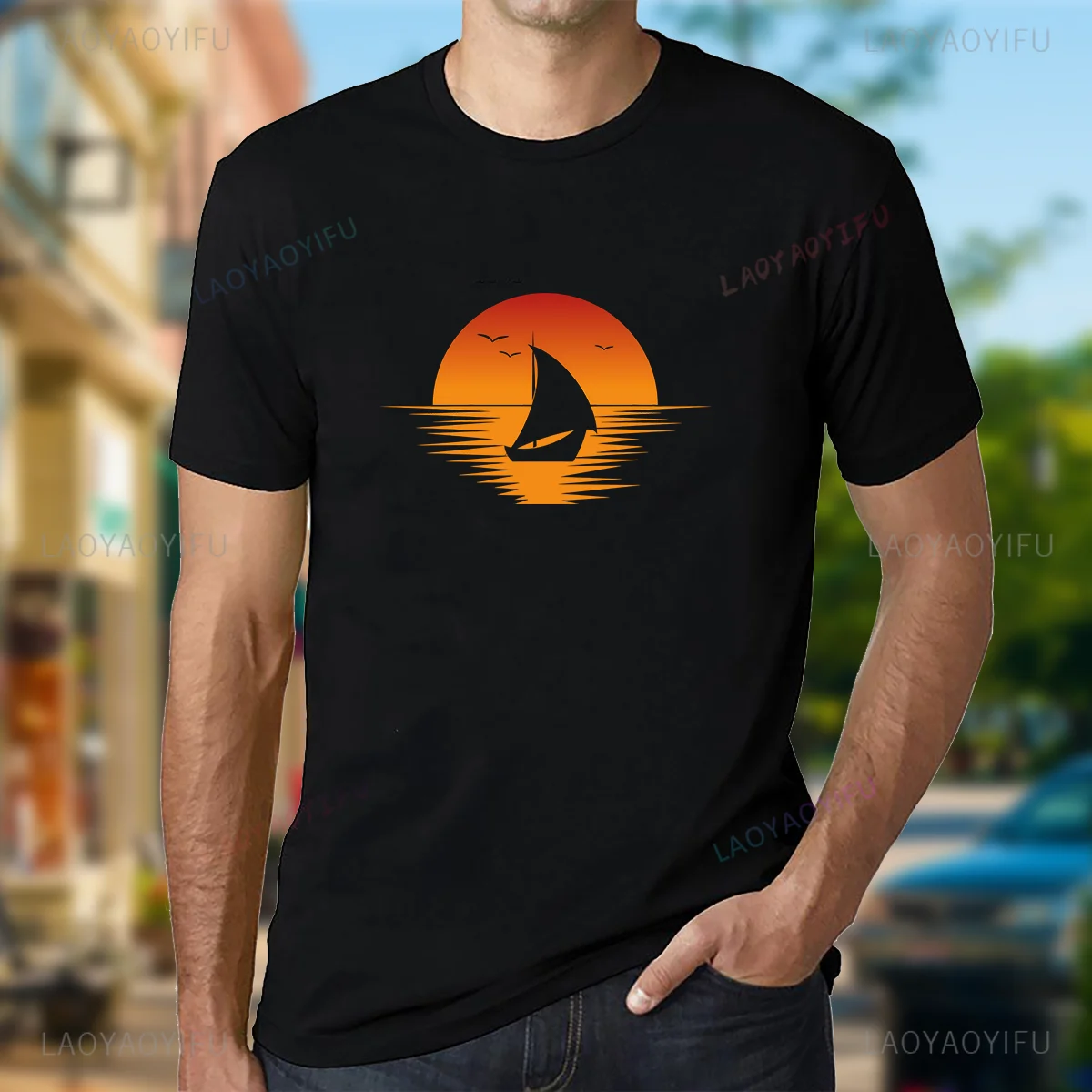 

Vintage T Shirt Men Summer Sailboat At Sunset Pattern Print Tops Retro Shirts for Men Graphic T Shirts Cotton Tee Streetwear