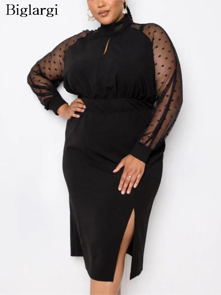 

Plus Size Autumn Lace Patchwork Long Sleeve Midi Dress Women Split Fashion Patchwork Ladies Dresses Loose Woman Dress 2023